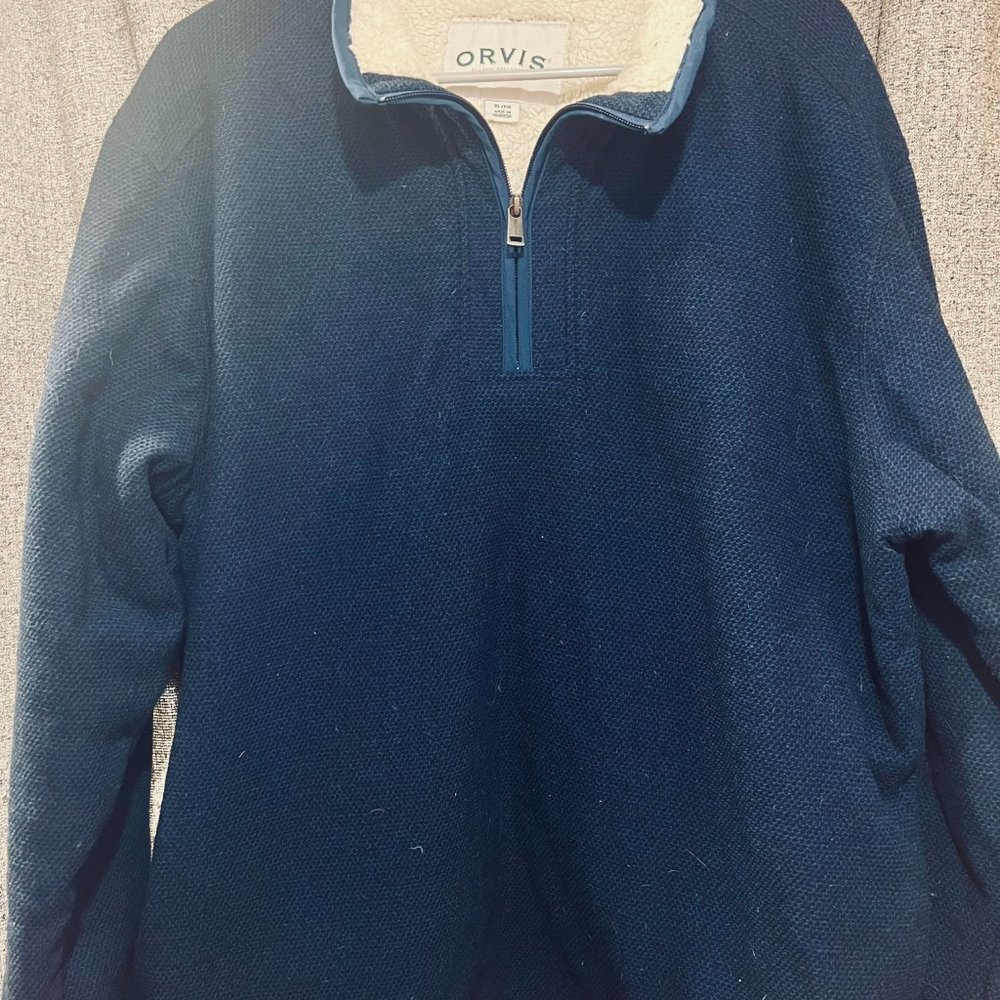 Orvis Men's Heavy Polyester Navy Blue Pullover 1/4 Zip Sweater Size XL